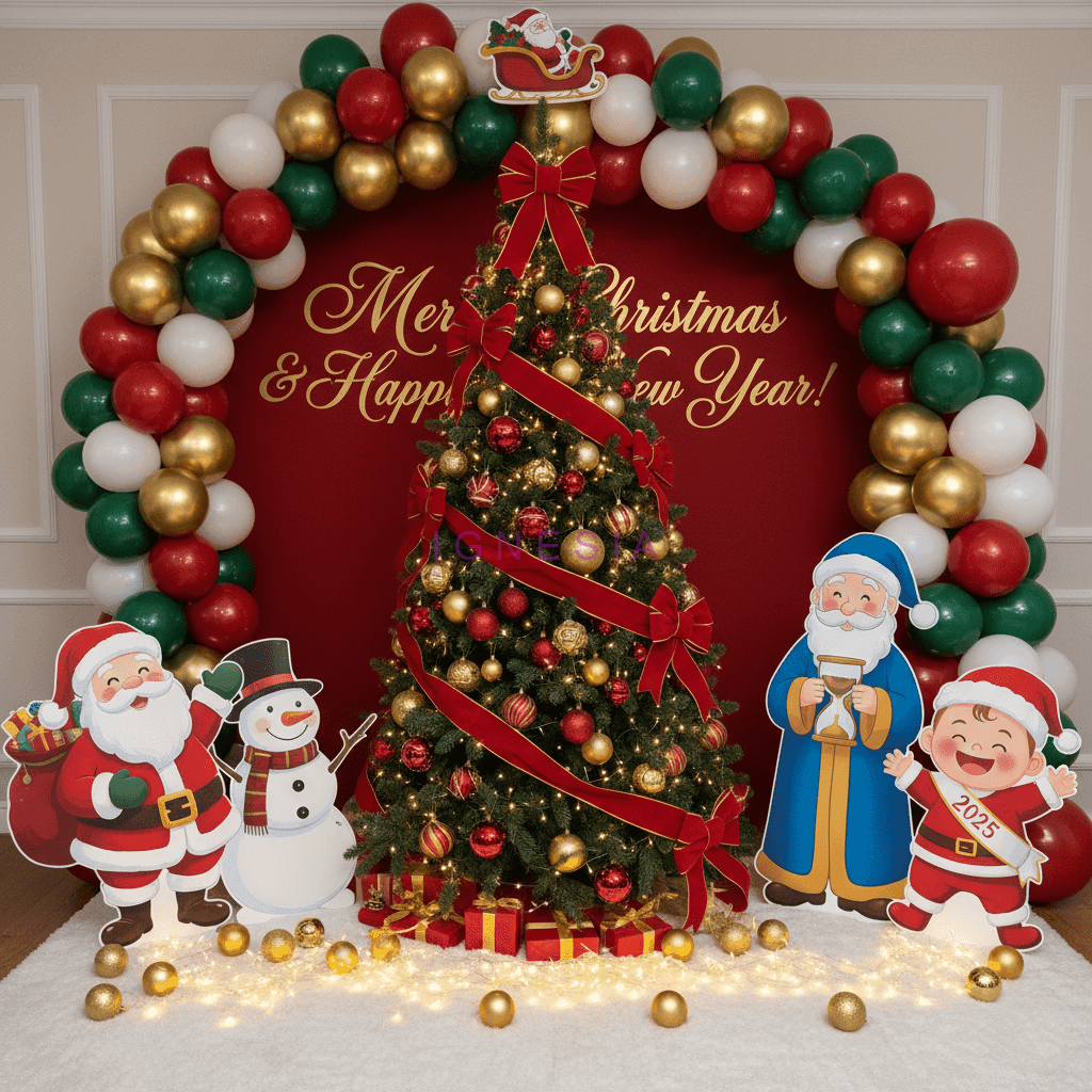 Dekorasi Fotobooth Natal Styrofoam Sinterklas Rusa Pohon Natal Balon