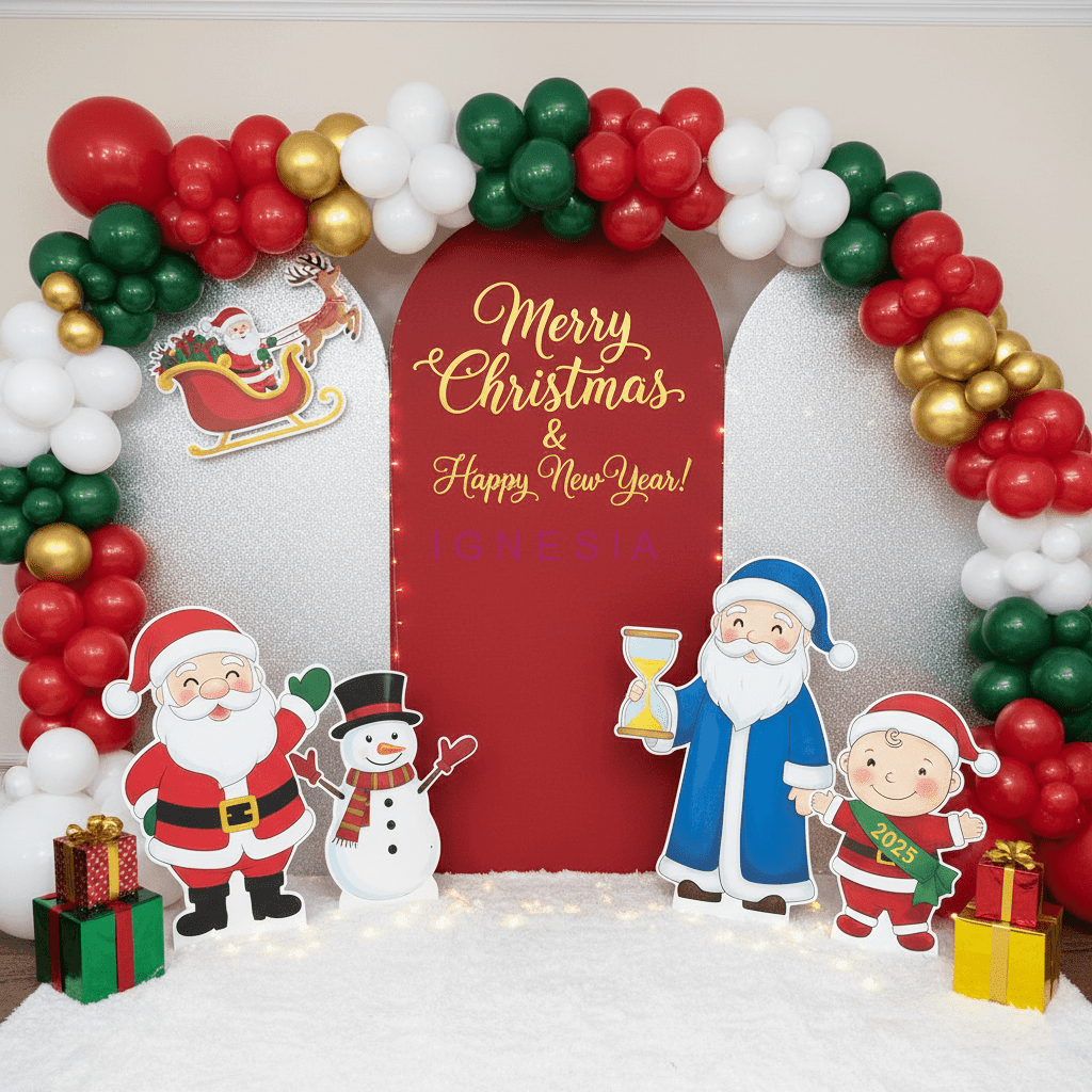 Dekorasi fotobooth Natal Styrofoam Sinterklas Rusa Pohon Natal Balon