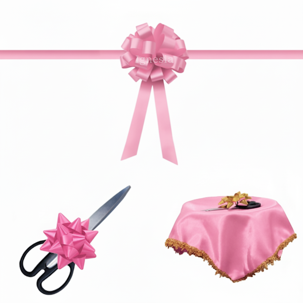 Pita Grand Opening Gedung Pink Muda 15cm Set Gunting & Nampan Hias Satin Real Ribbon By IgnesiaBisa Custom