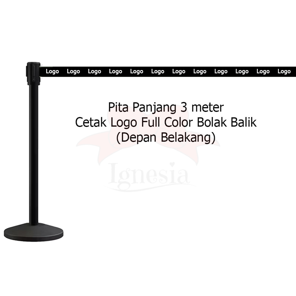 Custom Tiang Antrian Cetak Logo / Tulisan Tali Queque Line 6 Sablon Logo Tali Tiang Antrian Queque Line Hitam Pita Warna Hitam