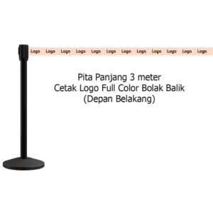 Tiang Antrian Hitam Tali Pita Salem 3 Meter - Custom Cetak Logo