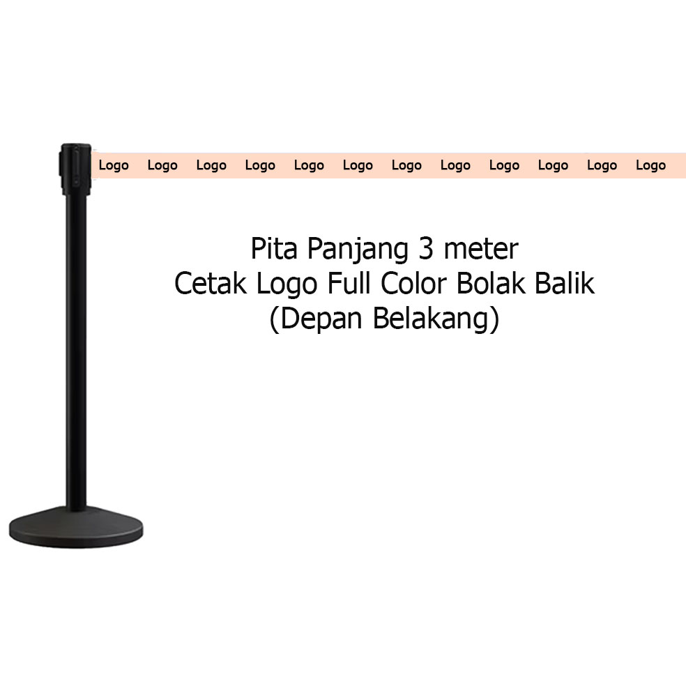 Custom Tiang Antrian Cetak Logo / Tulisan Tali Queque Line 5 Tiang Antrian Hitam Tali Pita Salem 3 Meter - Custom Cetak Logo