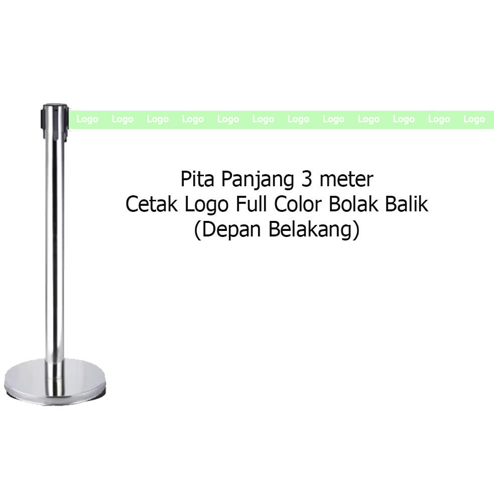 Custom Tiang Antrian Cetak Logo / Tulisan Tali Queque Line 4 Qline Tiang Antrian Stainless Pita Hijau Muda