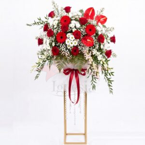 Standing Flower Kristal Peresmian Premium Kaki Kotak 1 Meter Bunga Grand Opening Dominan Merah & Maroon Premium Kaki Kotak Kombinasi Kristal