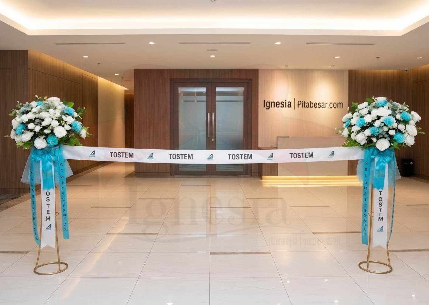 Paket Peresmian Kantor Premium Set Bunga Standing, Kustom Gunting Pita Cetak Logo 4 Standing Flower Bunga Tiang Peresmian Warna Putih Hijau Tosca